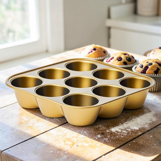 Kodal 12-Cup Muffin Pan - Heavy Duty Carbon Steel Cupcake Tin - Premium Non-Stick Champagne Gold Coating - Standard Size for Baking - Warp Resistant
