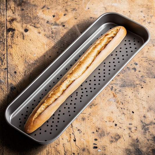 Kodal Perforated Baguette Pan for French Bread Baking - 3-Loaf Non-Stick Bread Mold - Professional Airflow Design for Crispy Crust - Silver Carbon Steel